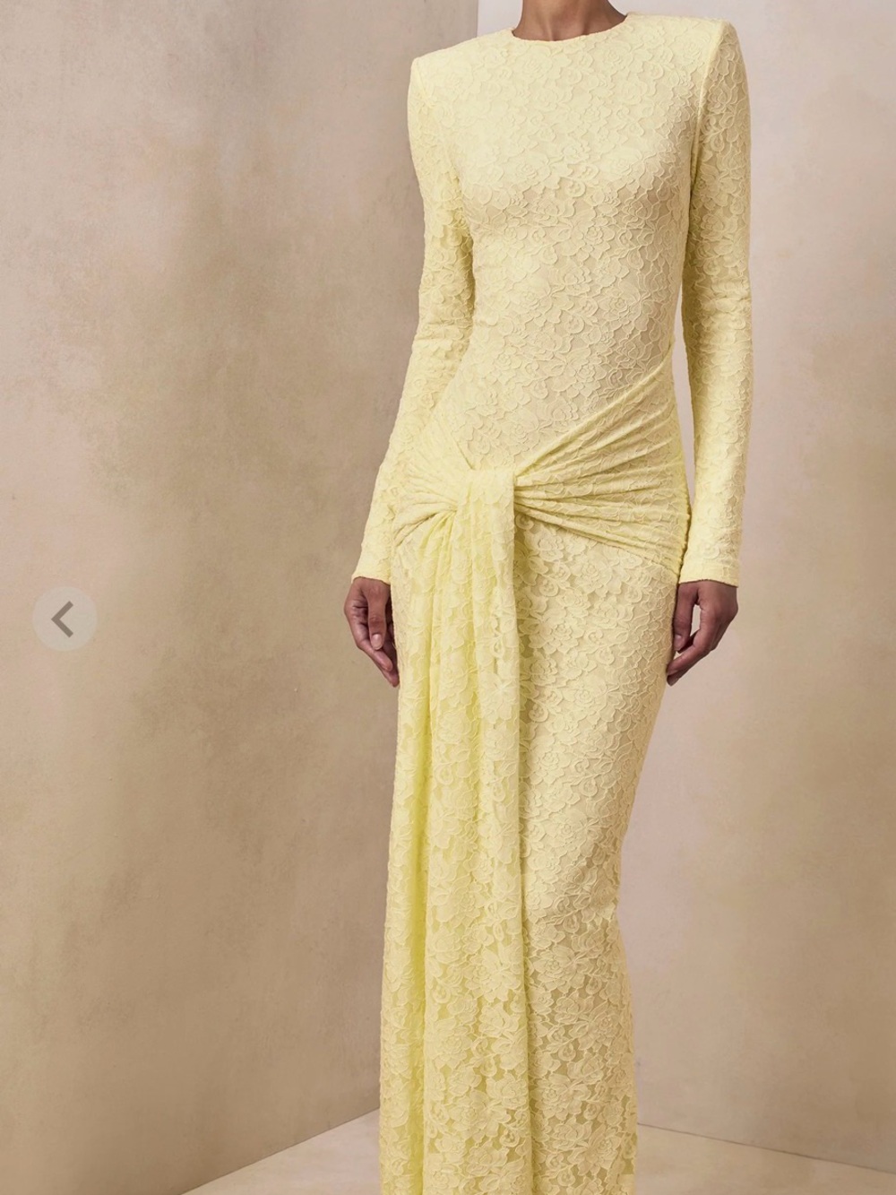 Long Sleeve Pale Yellow Lace Draped Gown